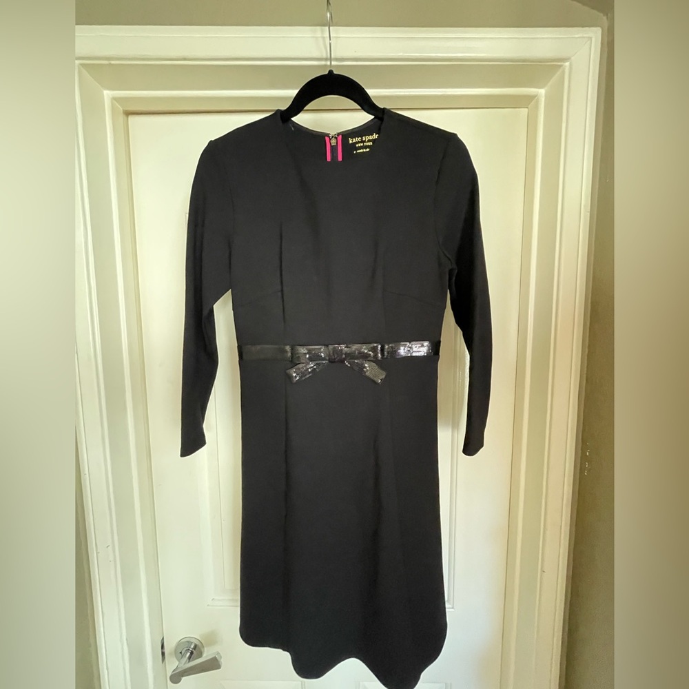 Kate Spade New York Black Fit & Flare Dress • Sequin Bow Belt • Size S
